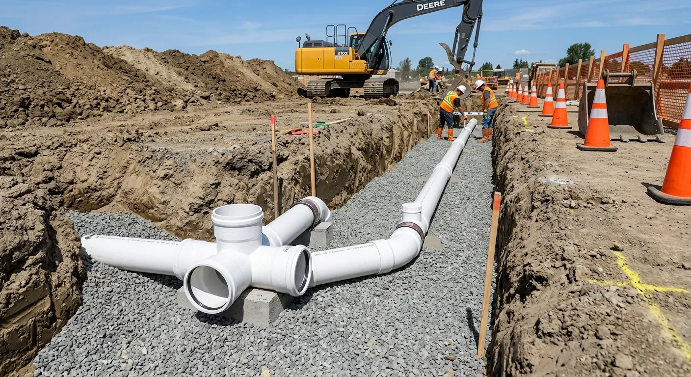 New PVC sewer pipe installation in open trench for Sewer Camera Inspection in Sebring
