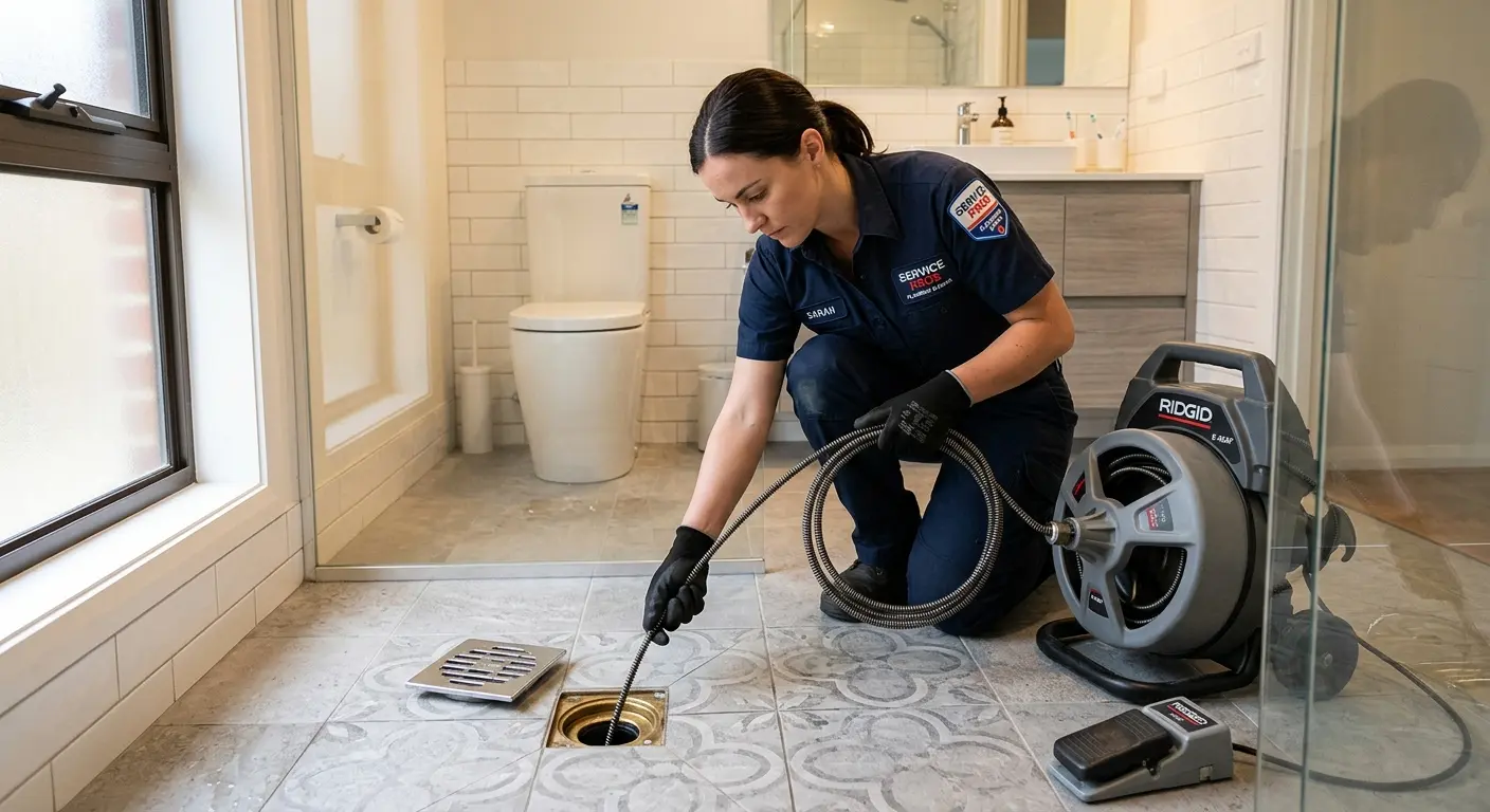 Technician clearing a bathroom floor drain for Drain Repair in Sebring